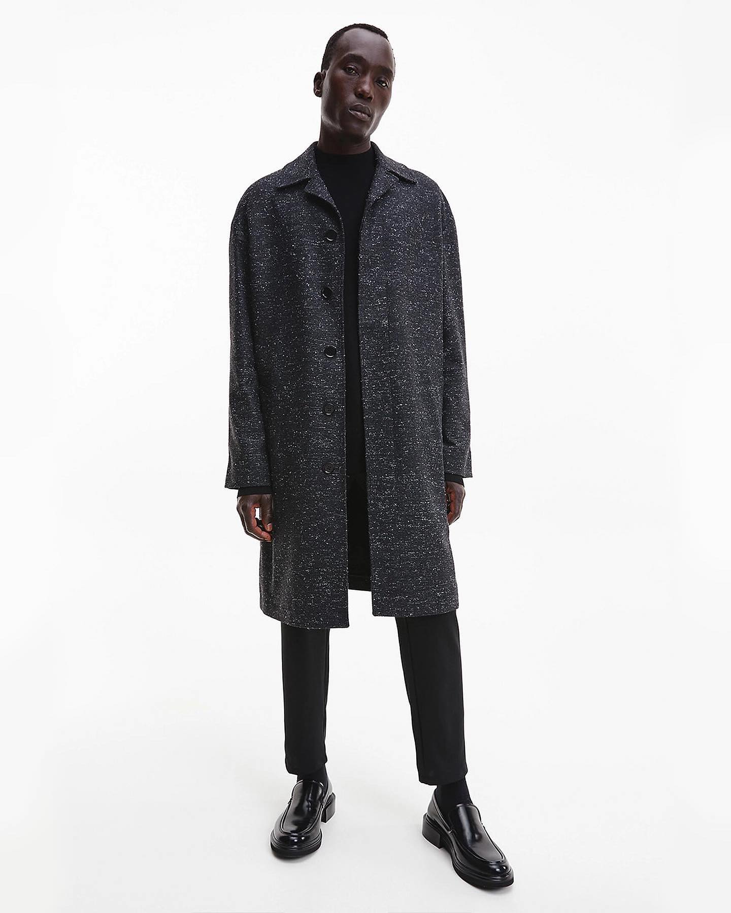 Calvin Klein — charcoal coat, full body