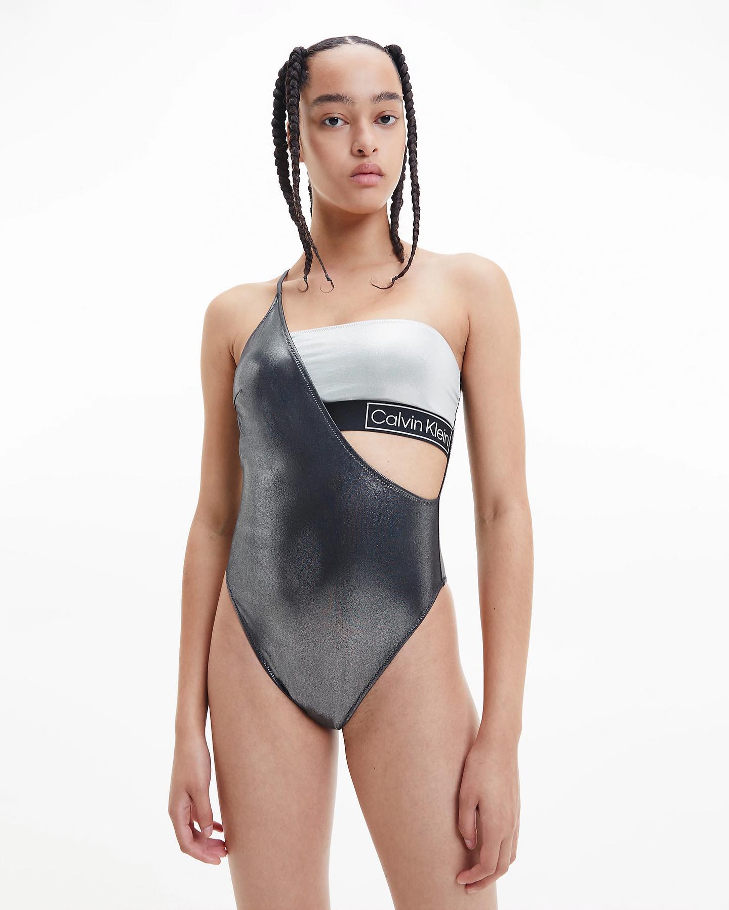 Calvin Klein — silver swimsuit, full body