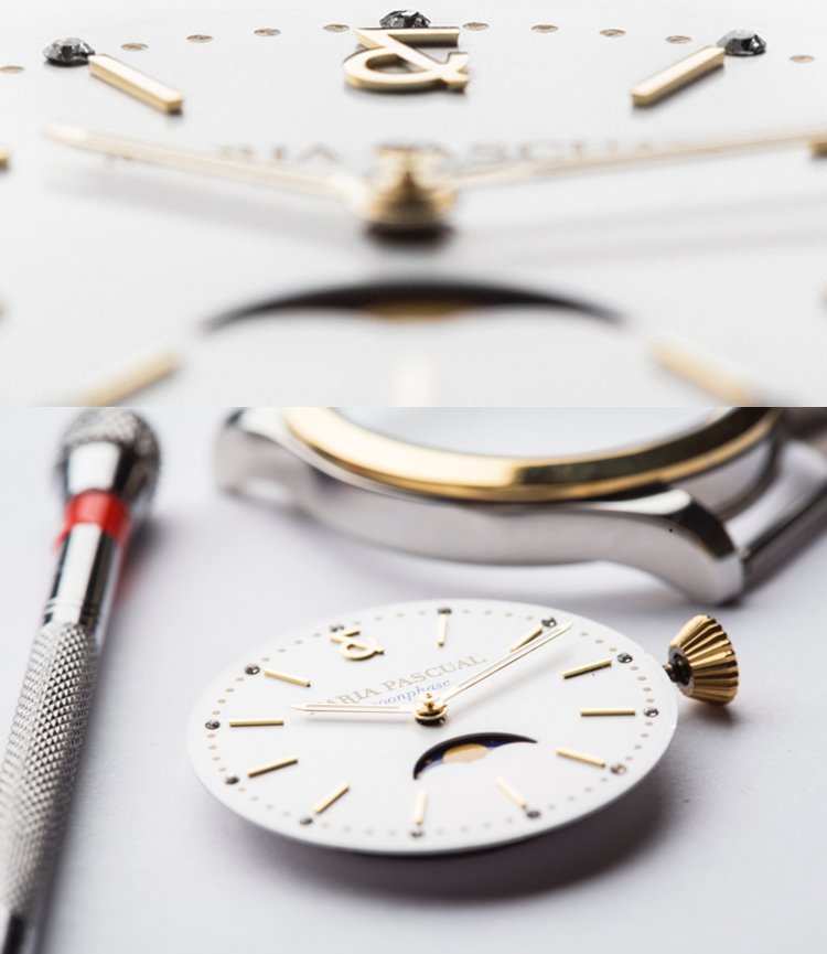María Pascual Moonphase — macro of hands, dial and case