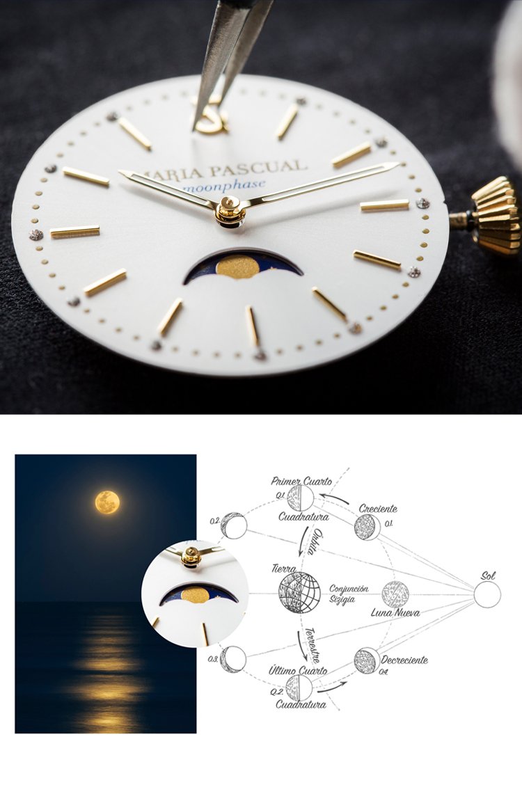 María Pascual Moonphase — dial under tweezers and lunar phase reference